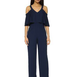 Marjorie Women’s Navy Cold Shoulder Ruffle Overlay Jumpsuit Size M Wide Leg